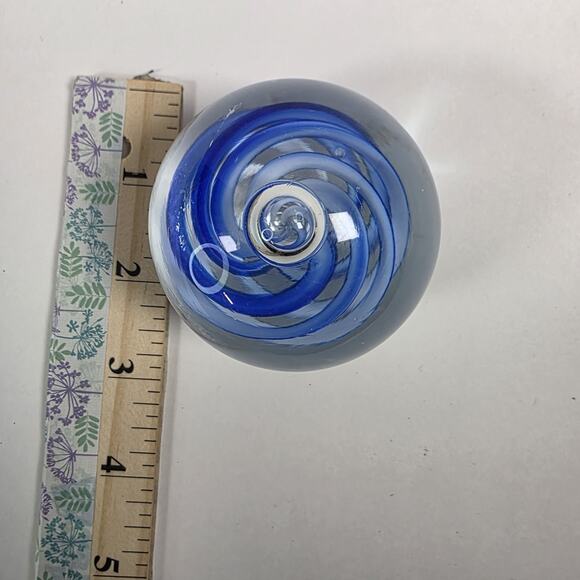 Art Glass Paperweight In Clear with Blue Swirls unsigned desk decretive piece - Picture 8 of 9